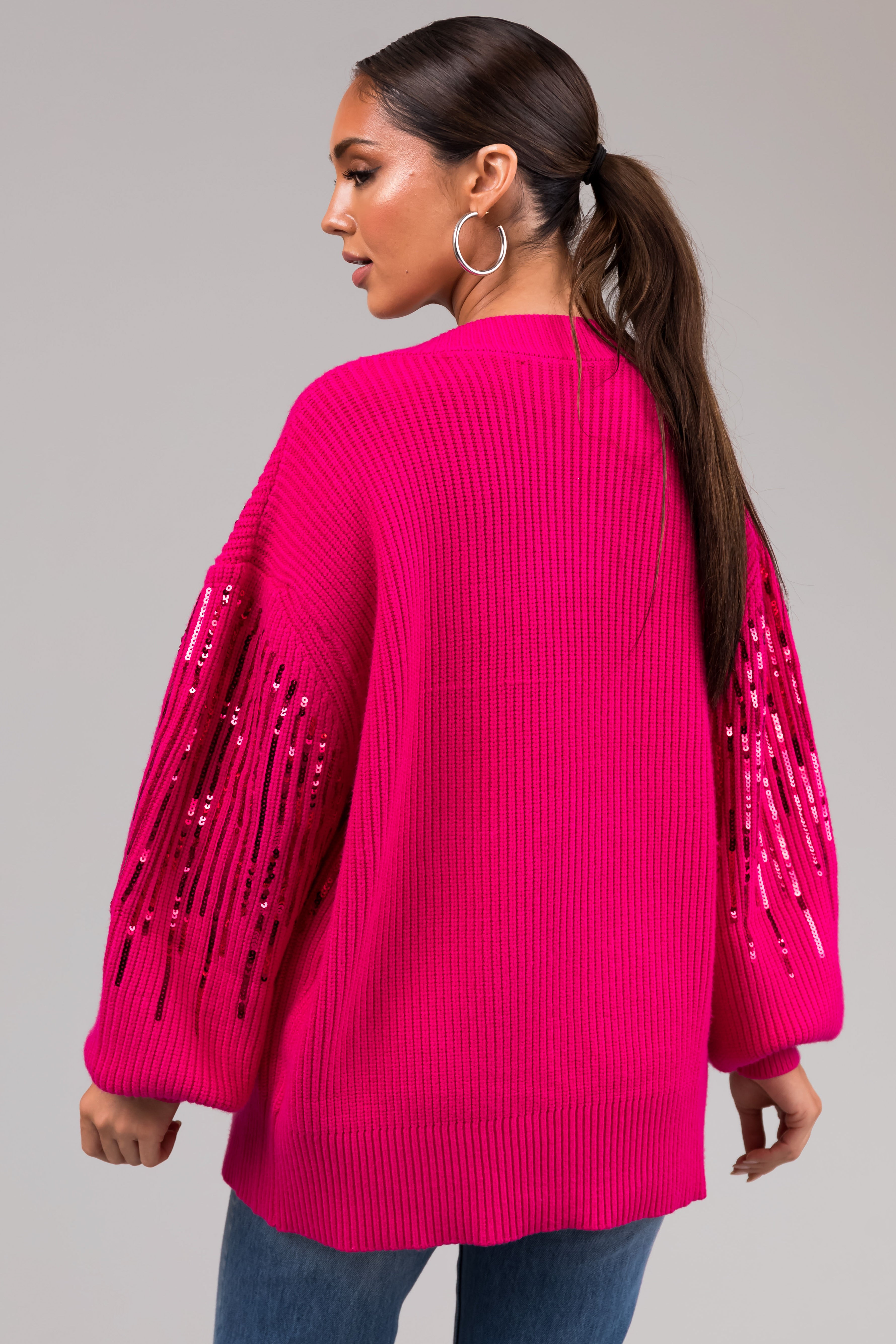 She+Sky Magenta Sequined Long Sleeve Cardigan