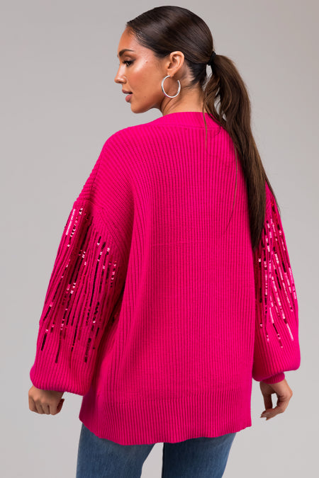 She+Sky Magenta Sequined Long Sleeve Cardigan