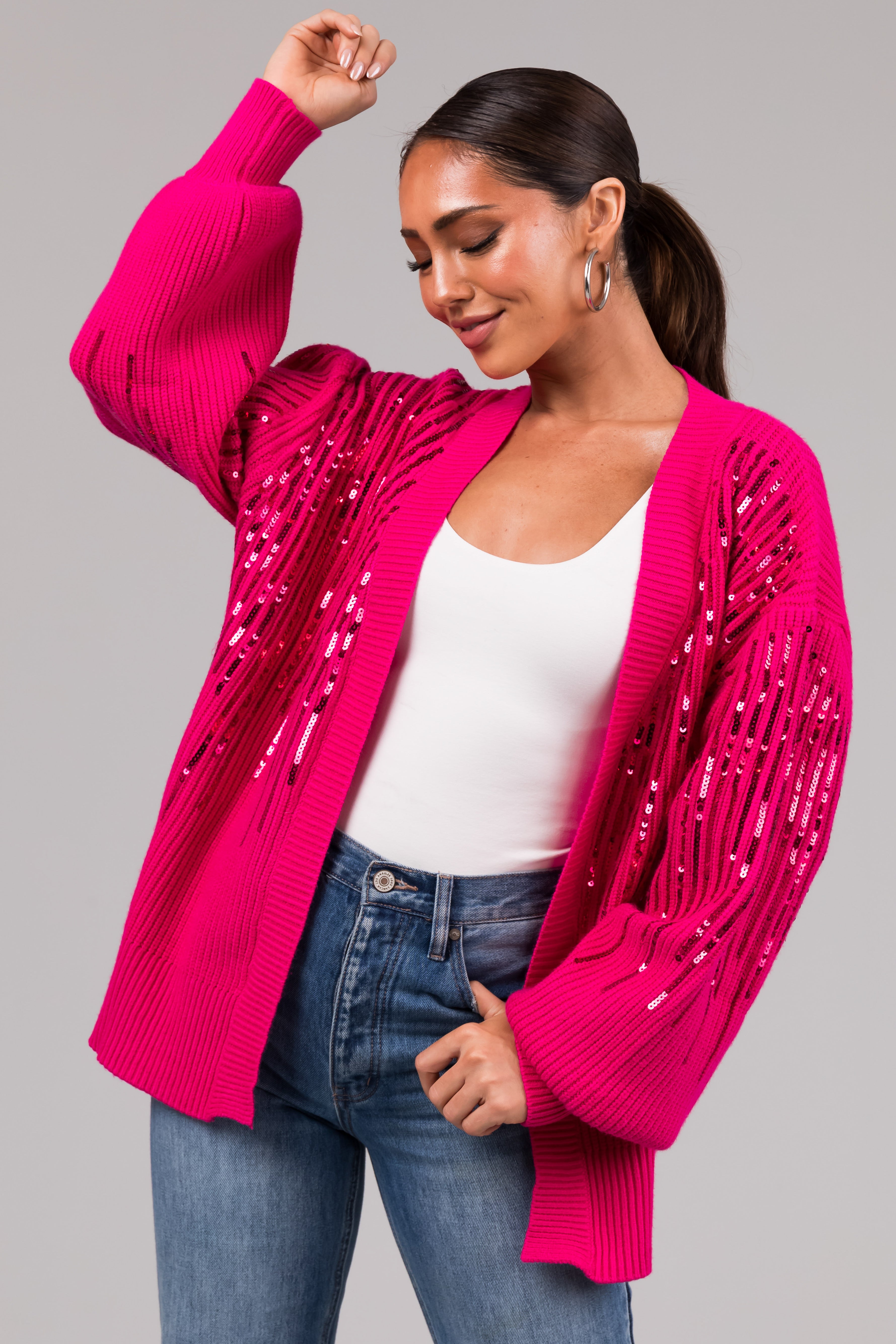 She+Sky Magenta Sequined Long Sleeve Cardigan