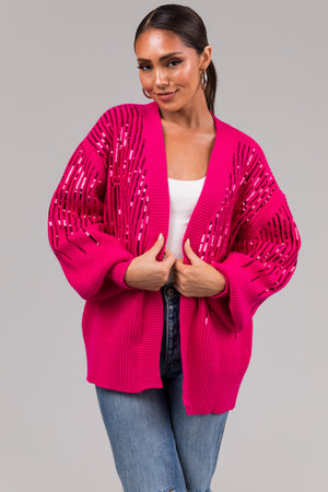 She+Sky Magenta Sequined Long Sleeve Cardigan