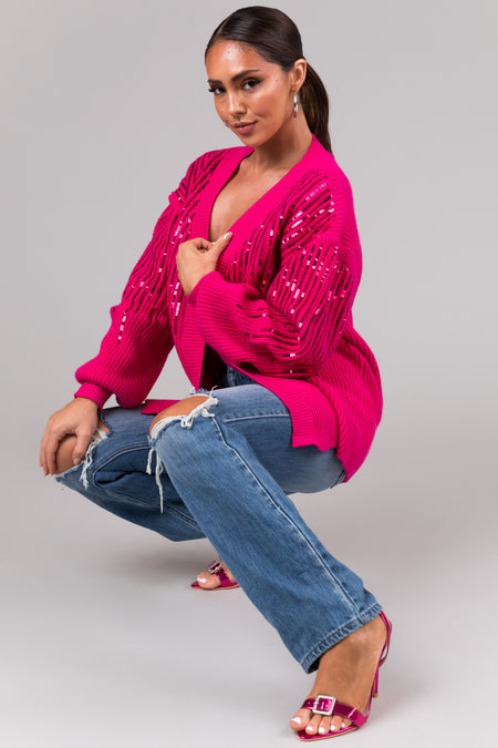 She+Sky Magenta Sequined Long Sleeve Cardigan