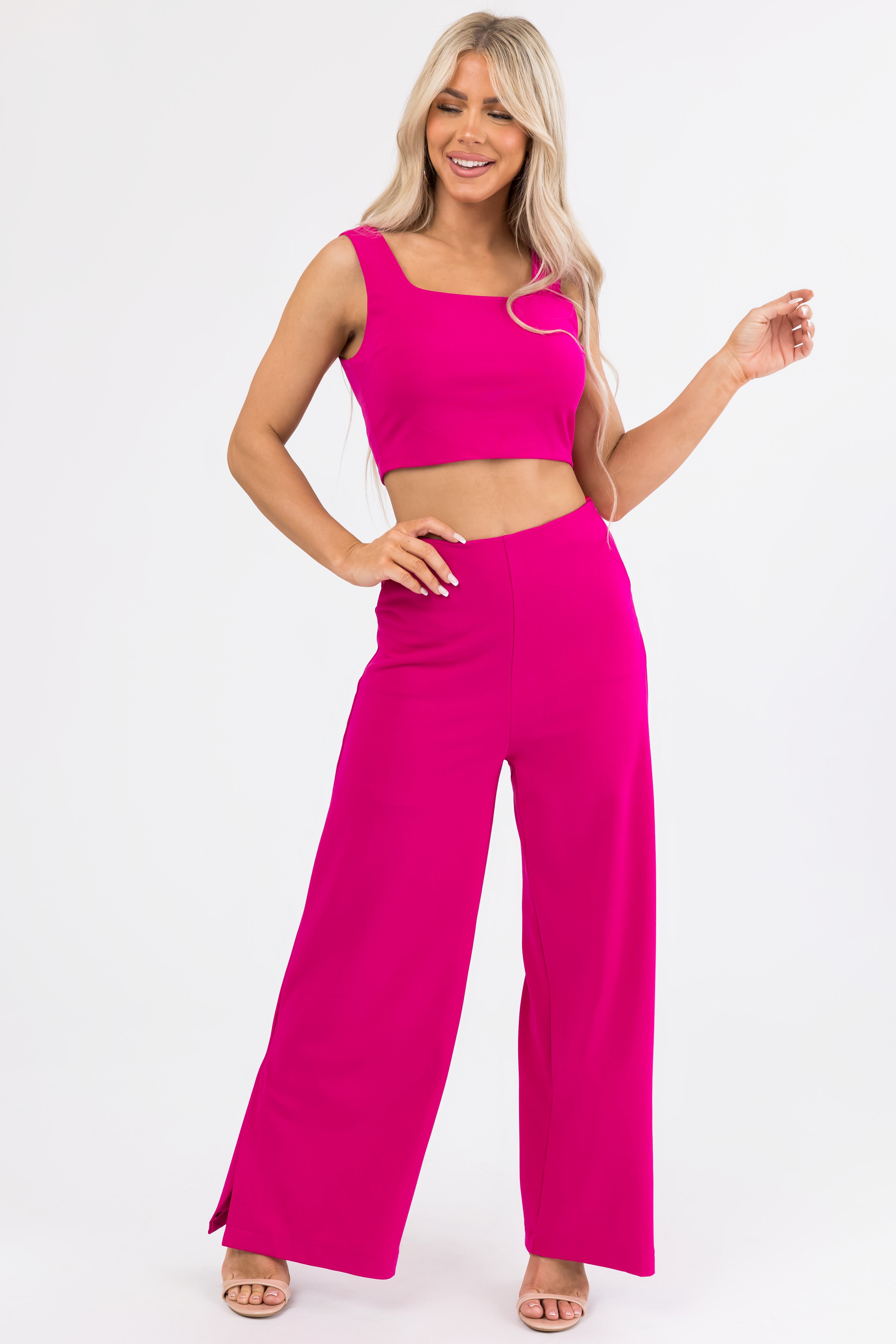 She+Sky Magenta Wide Leg Side Slit Knit Pants