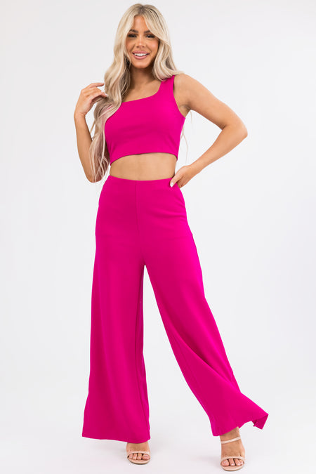 She+Sky Magenta Wide Leg Side Slit Knit Pants