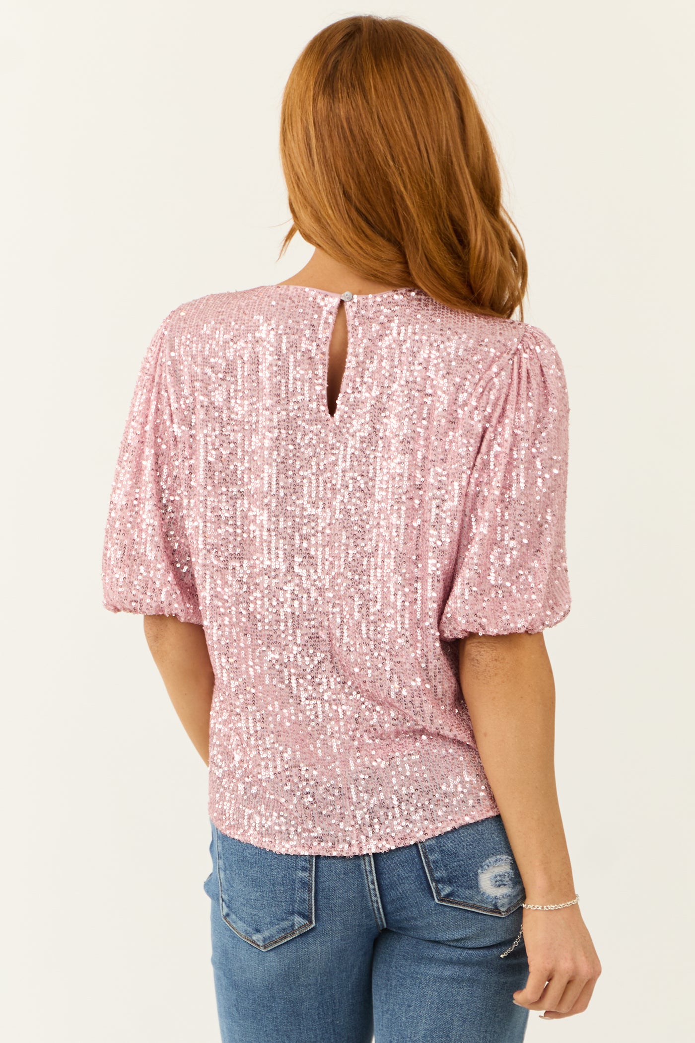 She+Sky Mauve Sequined Half Puff Sleeve Top