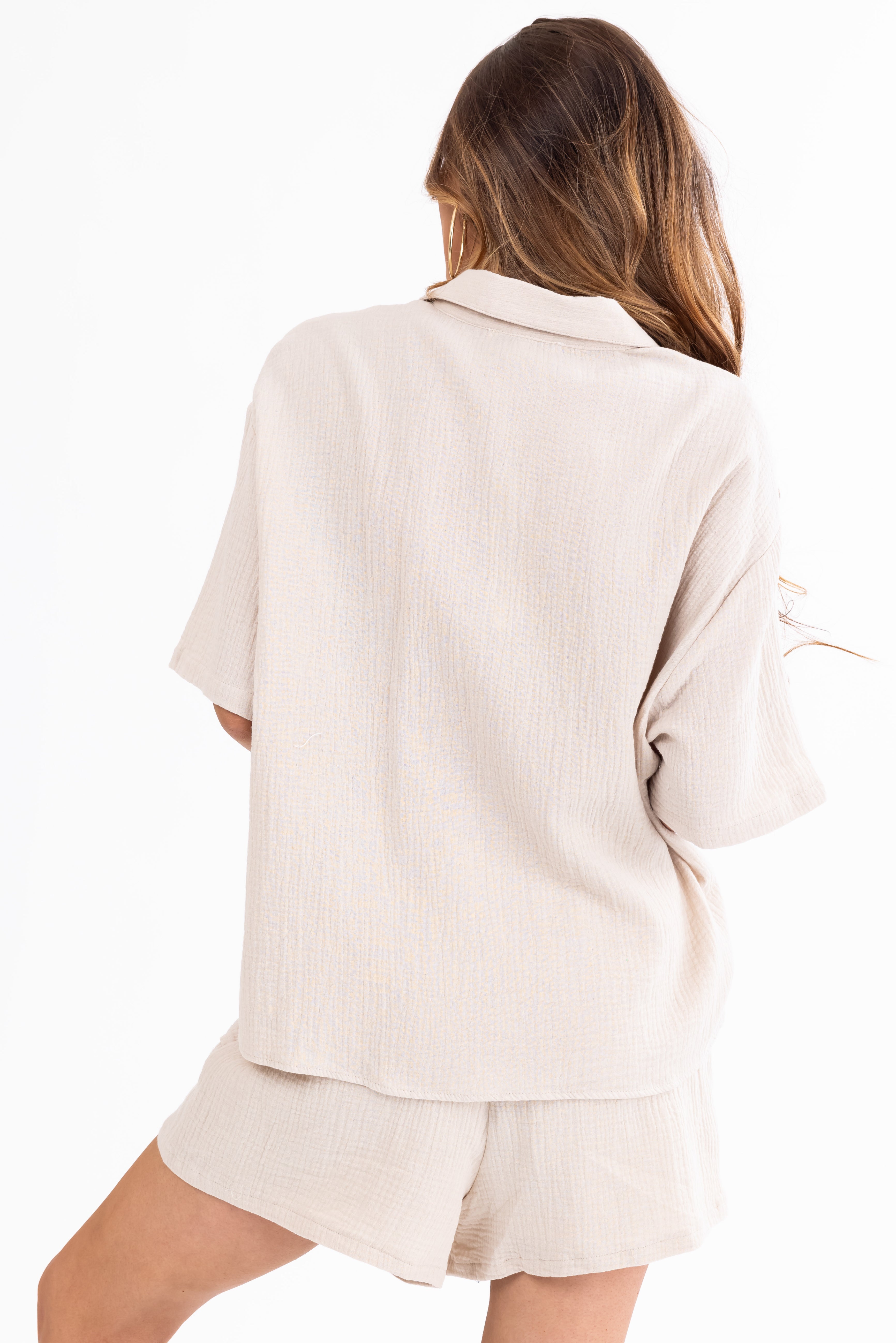 She+Sky Natural Chest Pocket Half Sleeve Shirt