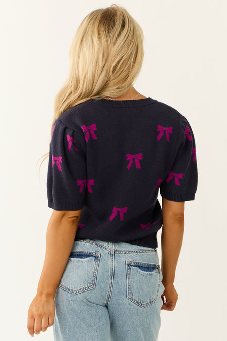 She+Sky Navy Bow Print Short Sleeve Sweater Top