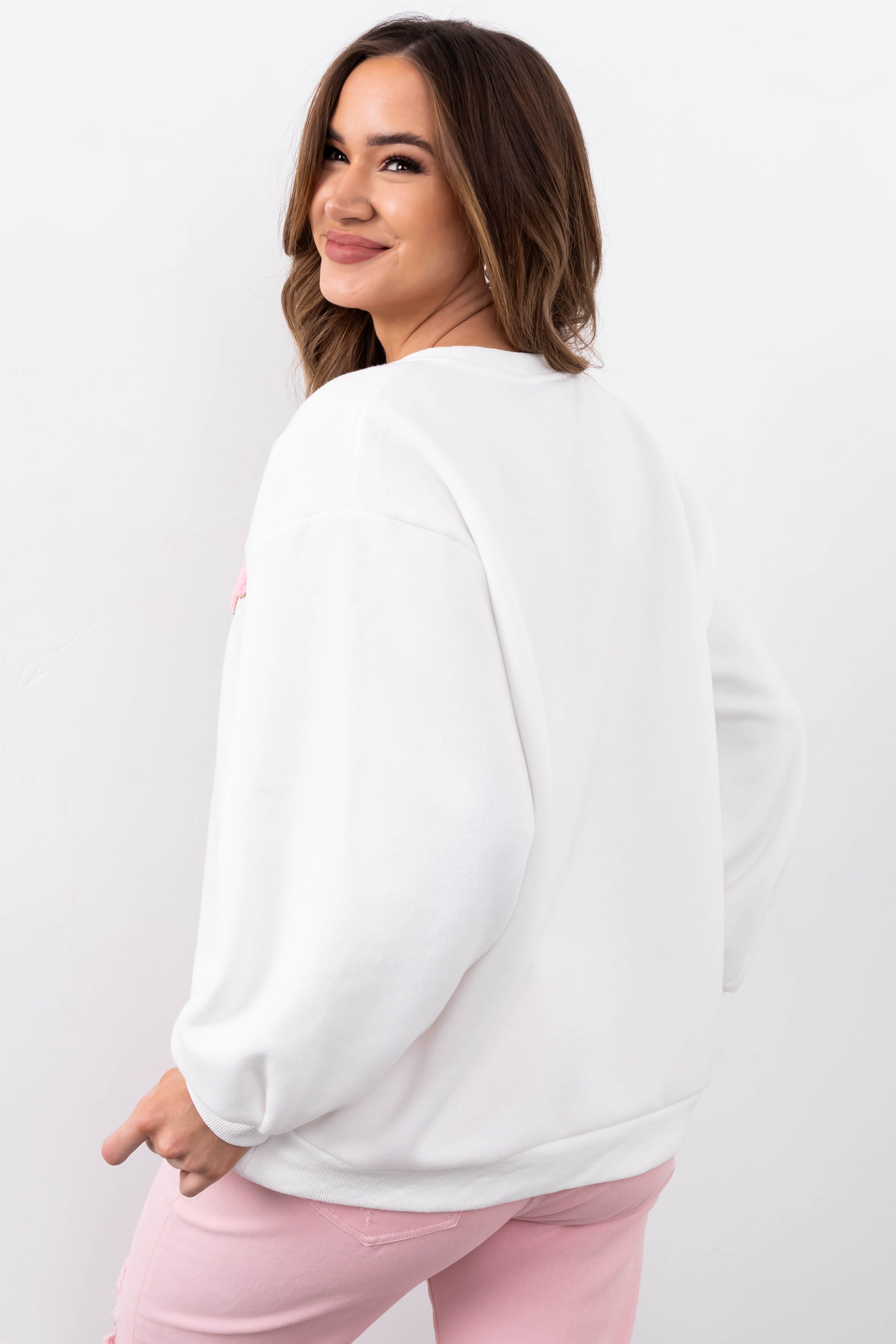 She+Sky Off White 'Happy' Sherpa Patch Sweatshirt