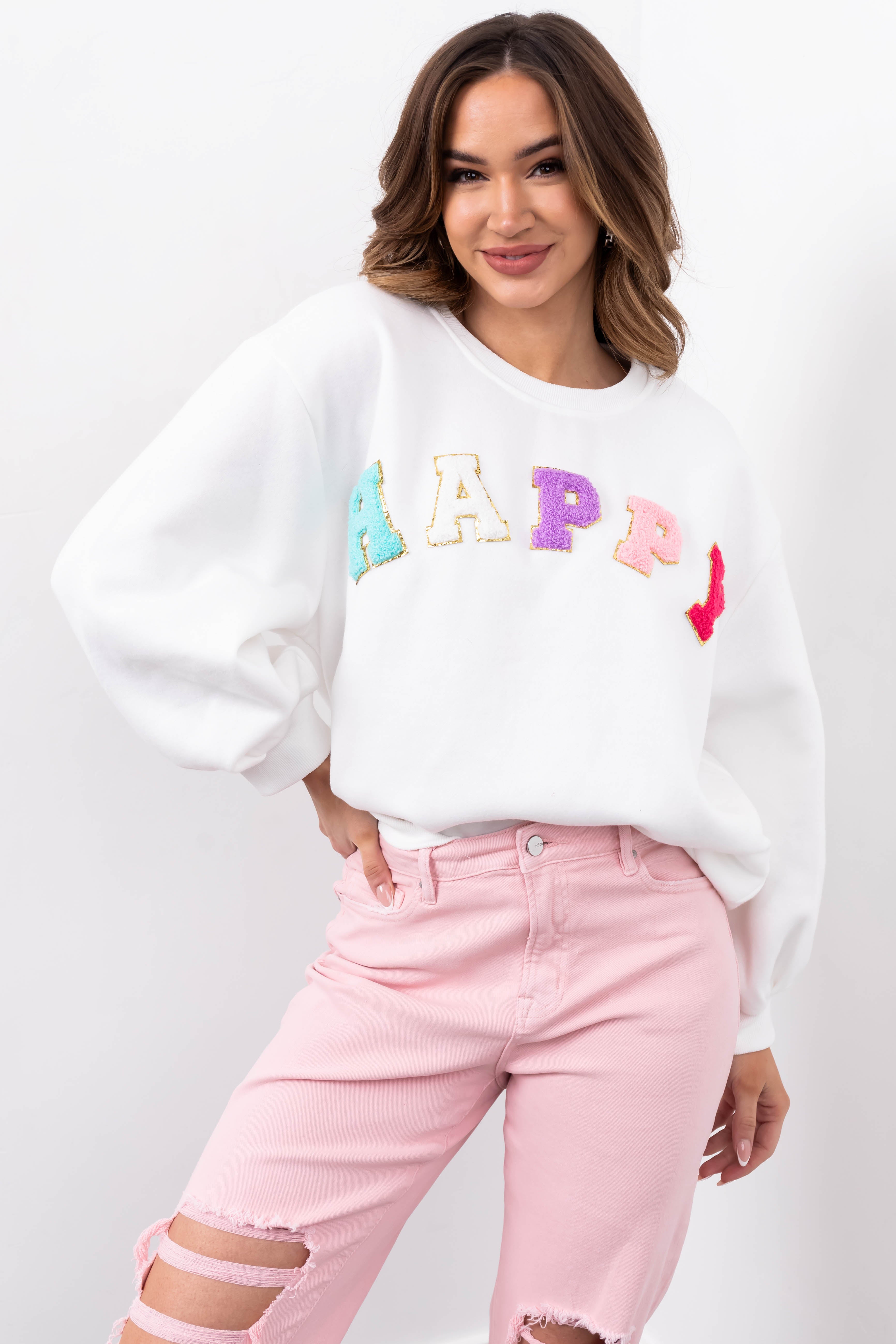 She+Sky Off White 'Happy' Sherpa Patch Sweatshirt