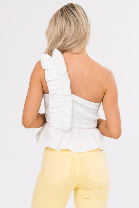 She+Sky Off White Ruffle One Shoulder Peplum Top