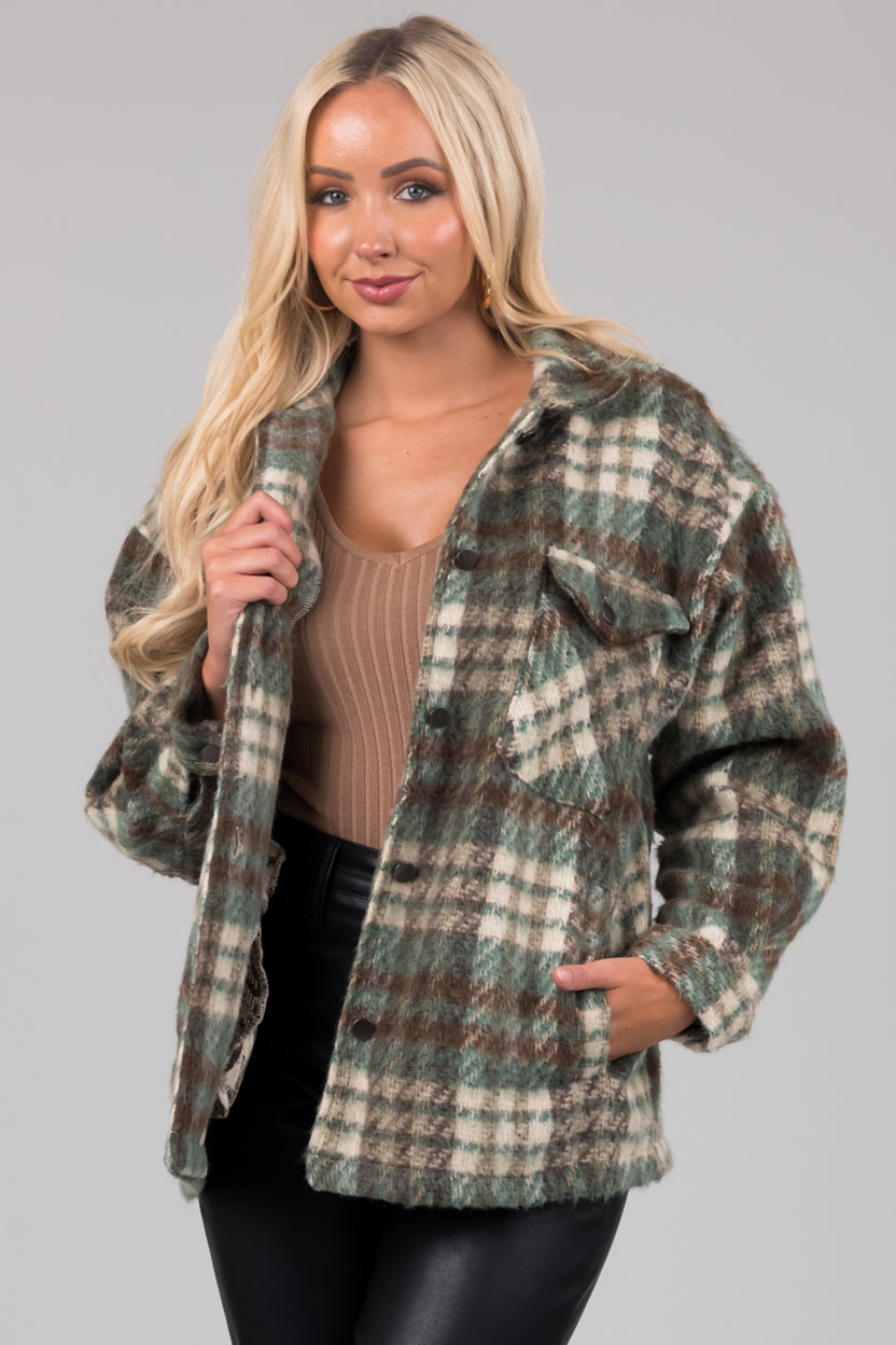 She+Sky Olive Brushed Plaid Button Down Shacket