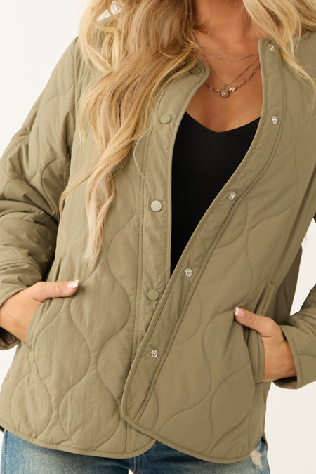 She+Sky Olive Long Sleeve Button Down Quilted Jacket