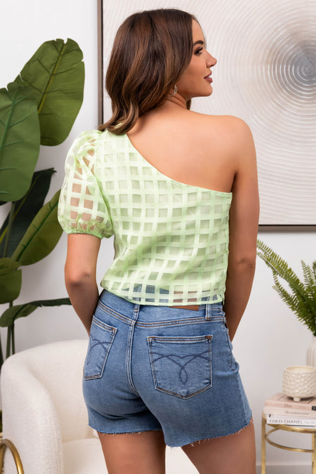 She+Sky Pastel Lime One Shoulder Blouse