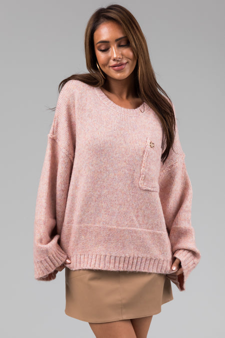 She+Sky Peach Multi Tone Chest Pocket Sweater