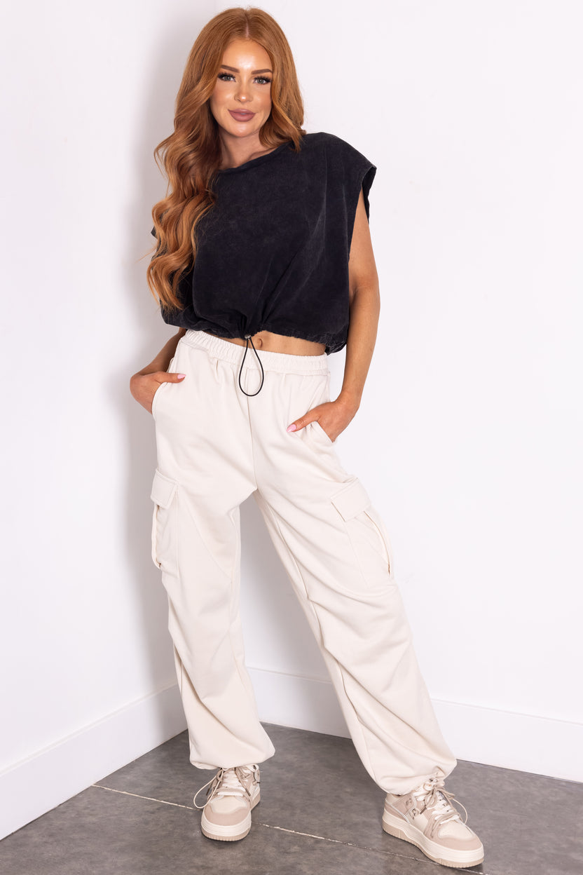 She+Sky Sand Wide Leg Smocked Waist Cargo Pants