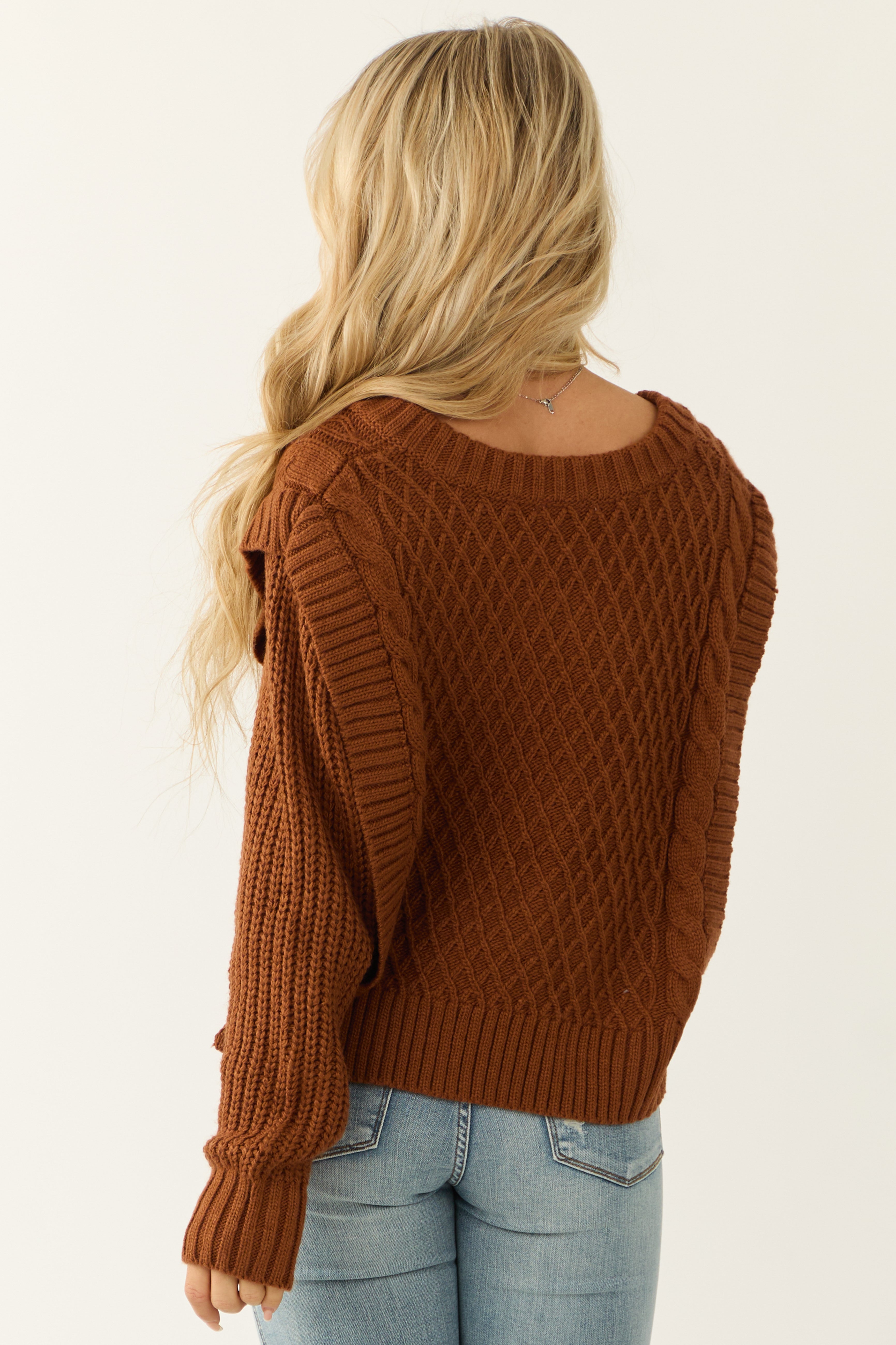 She+Sky Sepia Lattice Knit V Neck Sweater