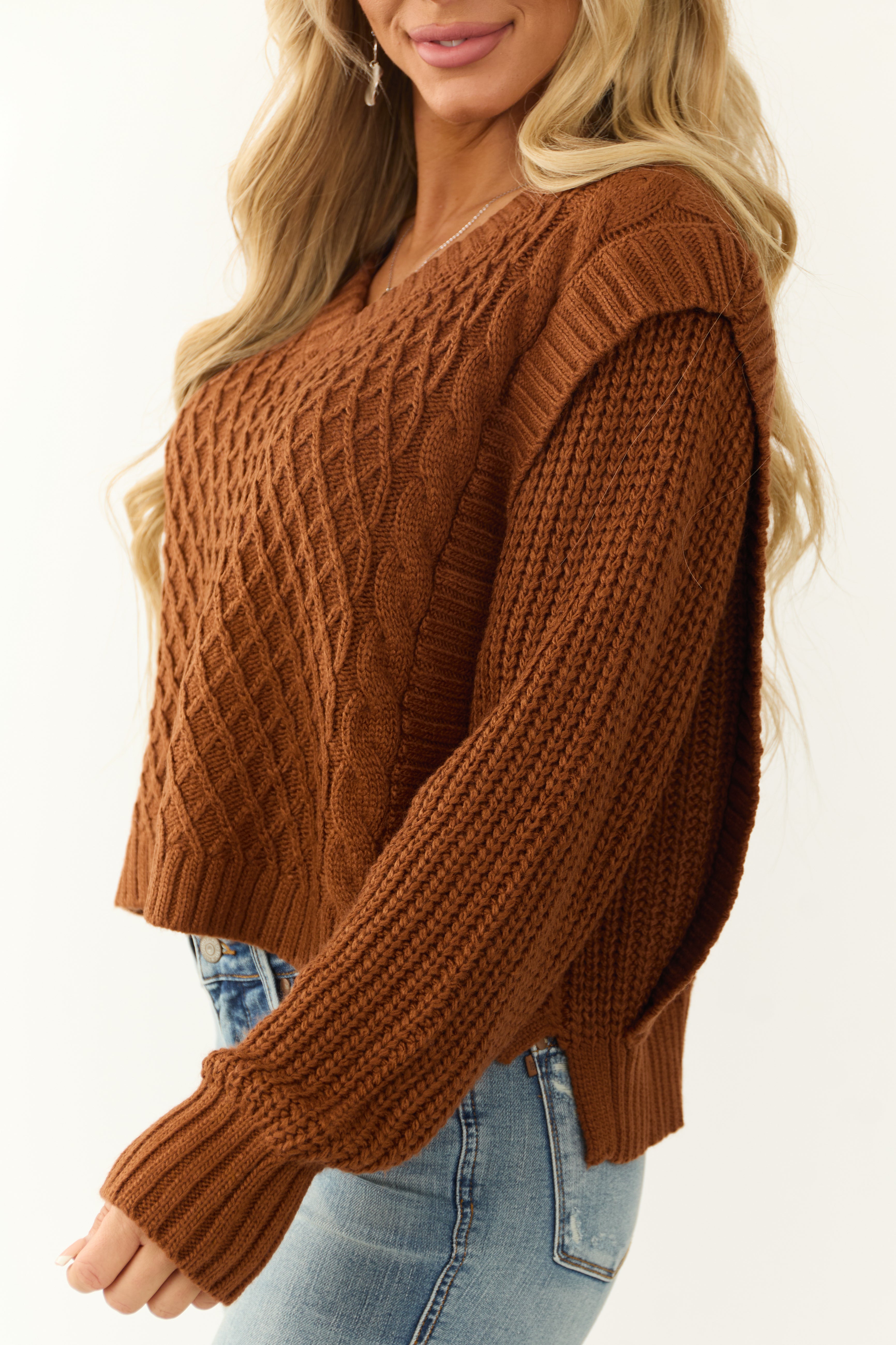 She+Sky Sepia Lattice Knit V Neck Sweater