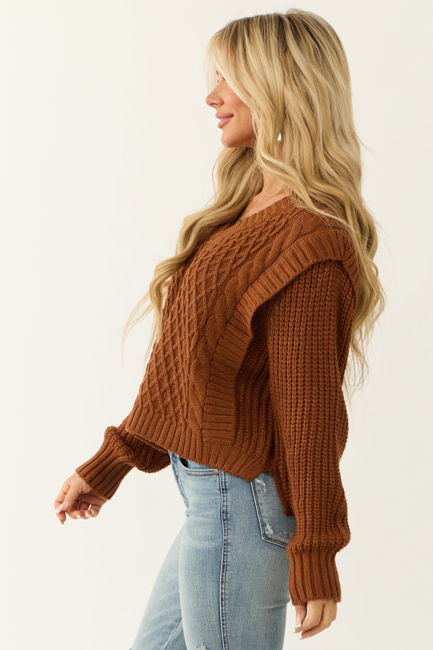 She+Sky Sepia Lattice Knit V Neck Sweater