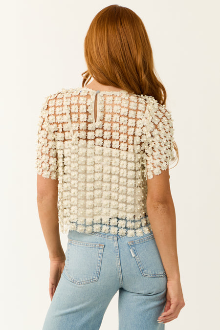 She+Sky Vanilla Open Crochet Pearl Flower Top with Cami