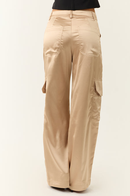 Shiny Beige Satin Cargo Wide Leg Pants