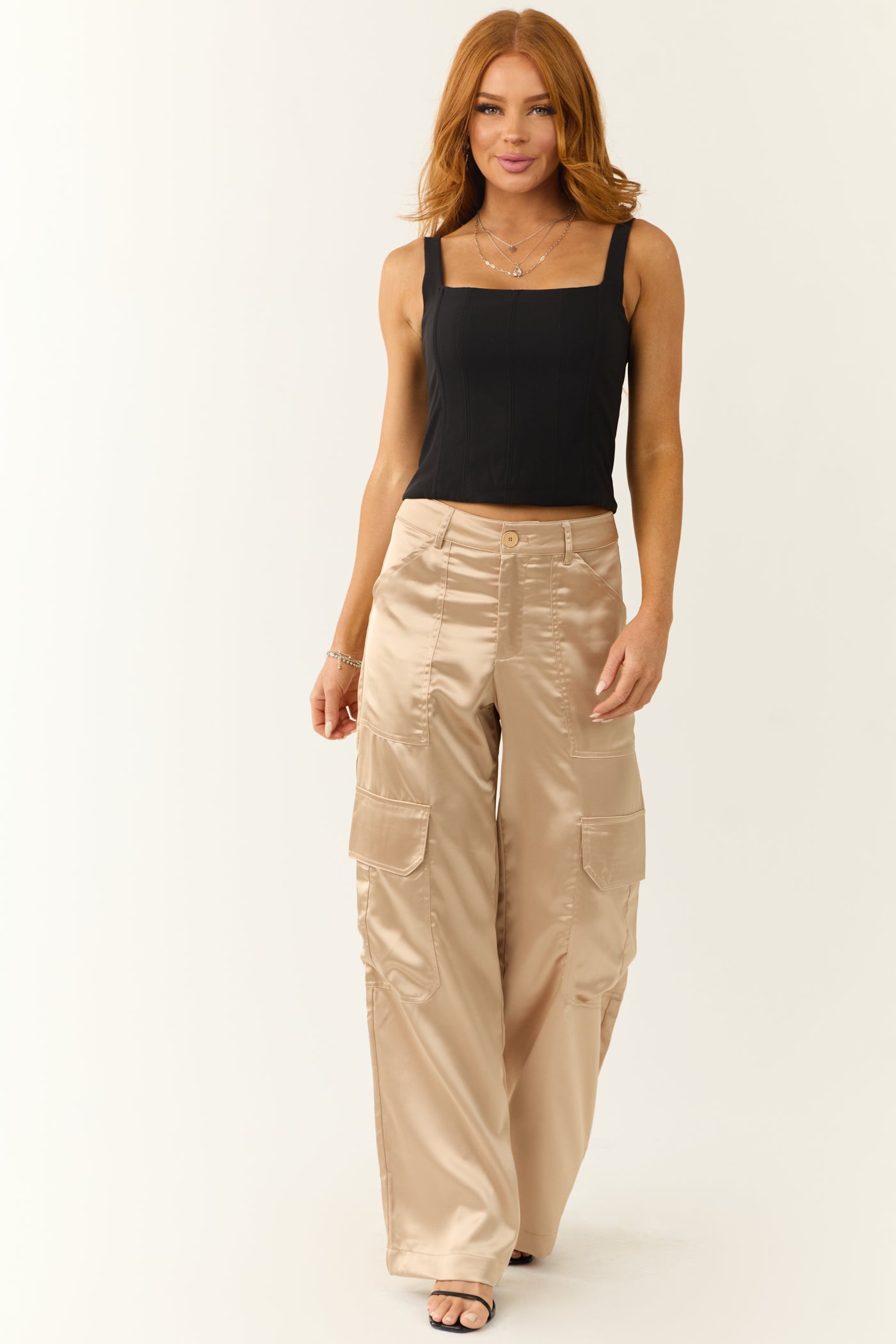 Shiny Beige Satin Cargo Wide Leg Pants