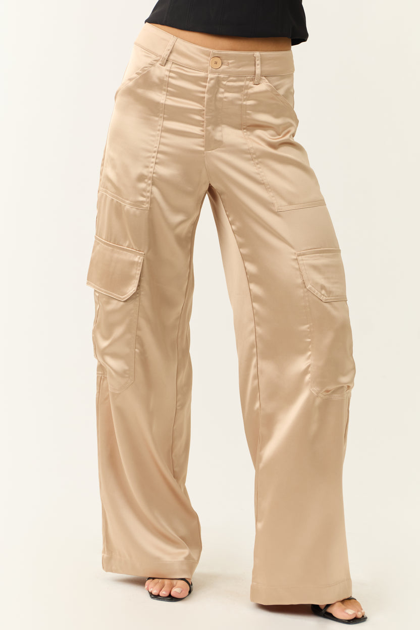 Shiny Beige Satin Cargo Wide Leg Pants