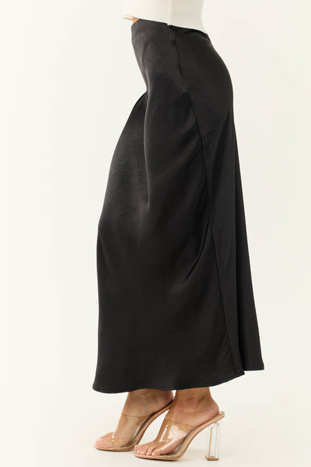 Shiny Black Satin Maxi Skirt