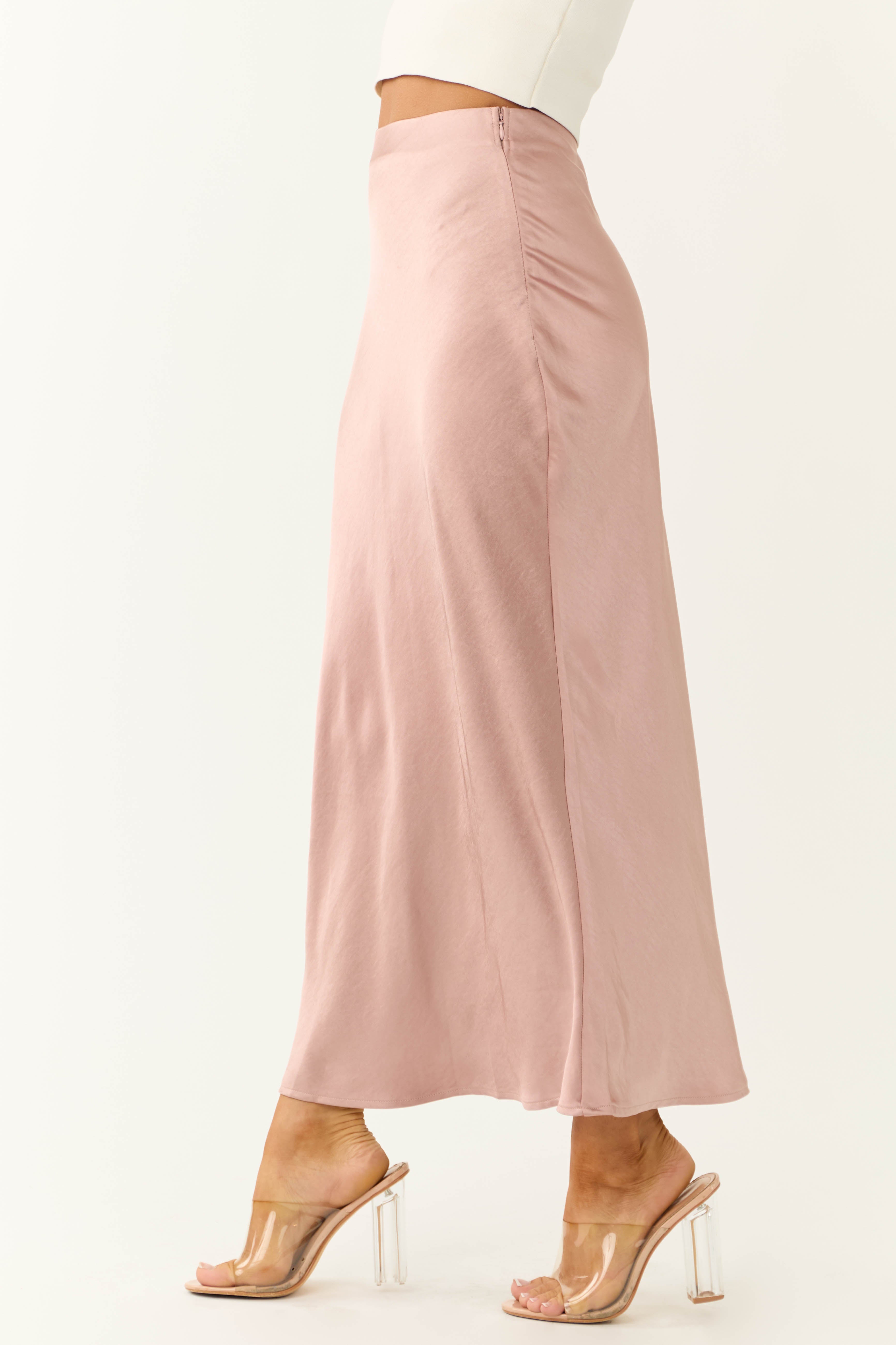 Shiny Dusty Rose Satin Maxi Skirt