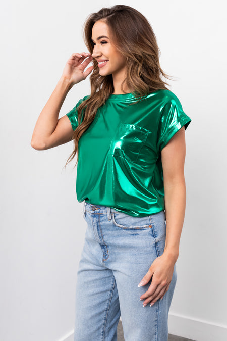 Shiny Shamrock Chest Pocket Cap Sleeve Top