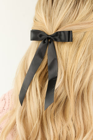 Shiny Black Satin Bow Ribbon Hair Clip