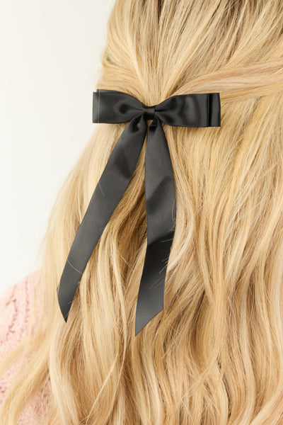 Shiny Black Satin Bow Ribbon Hair Clip