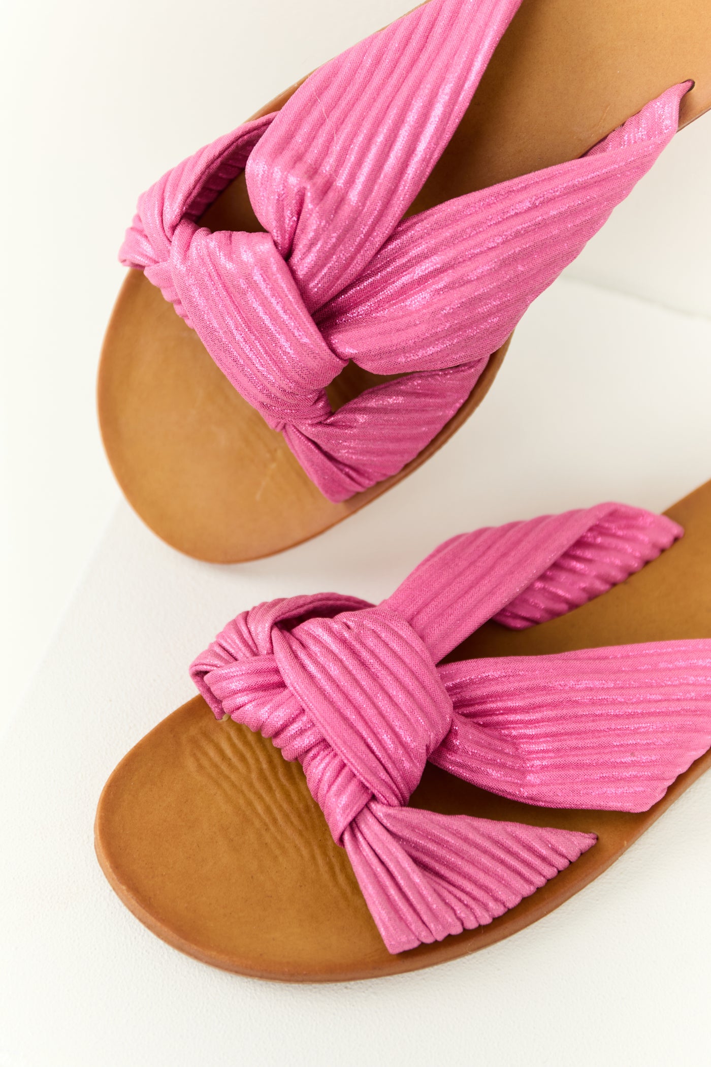 Shiny Bubblegum Fabric Open Toe Slip On Sandals