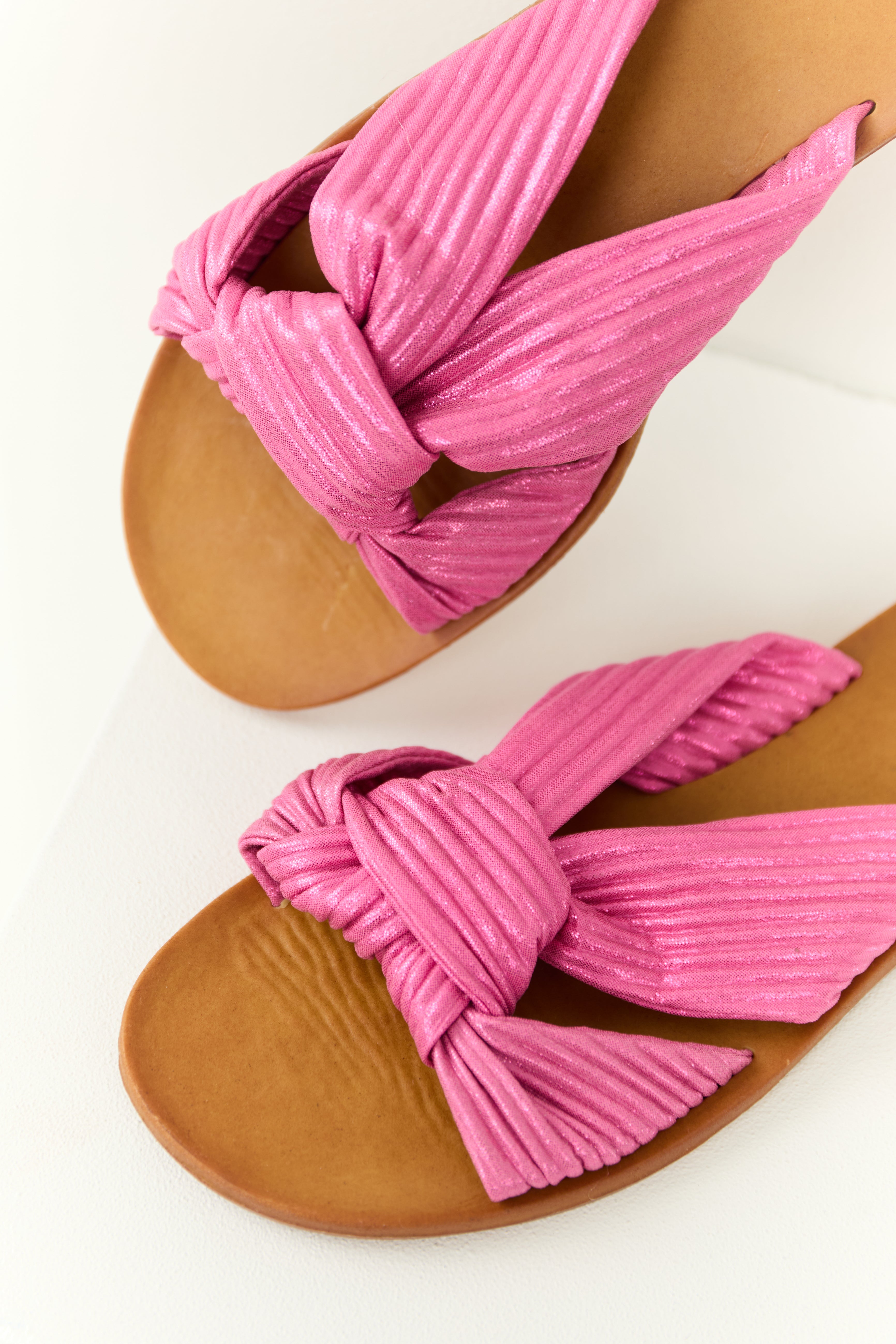 Shiny Bubblegum Fabric Open Toe Slip On Sandals