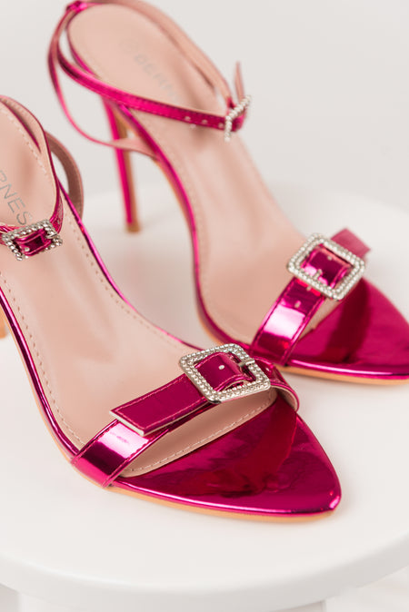 Shiny Magenta Rhinestone Buckle Strap Heels