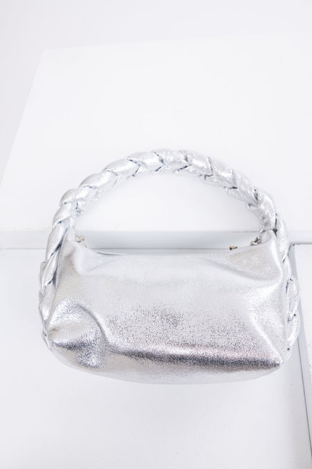 Shiny Silver Braided Handle Handbag