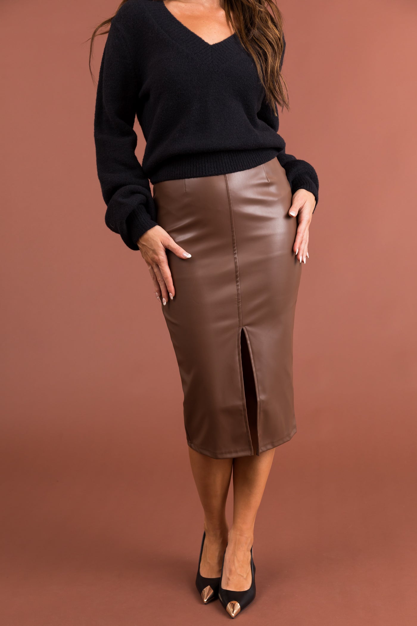 Super High Waisted Faux Leather Side Slit Midi Skirt