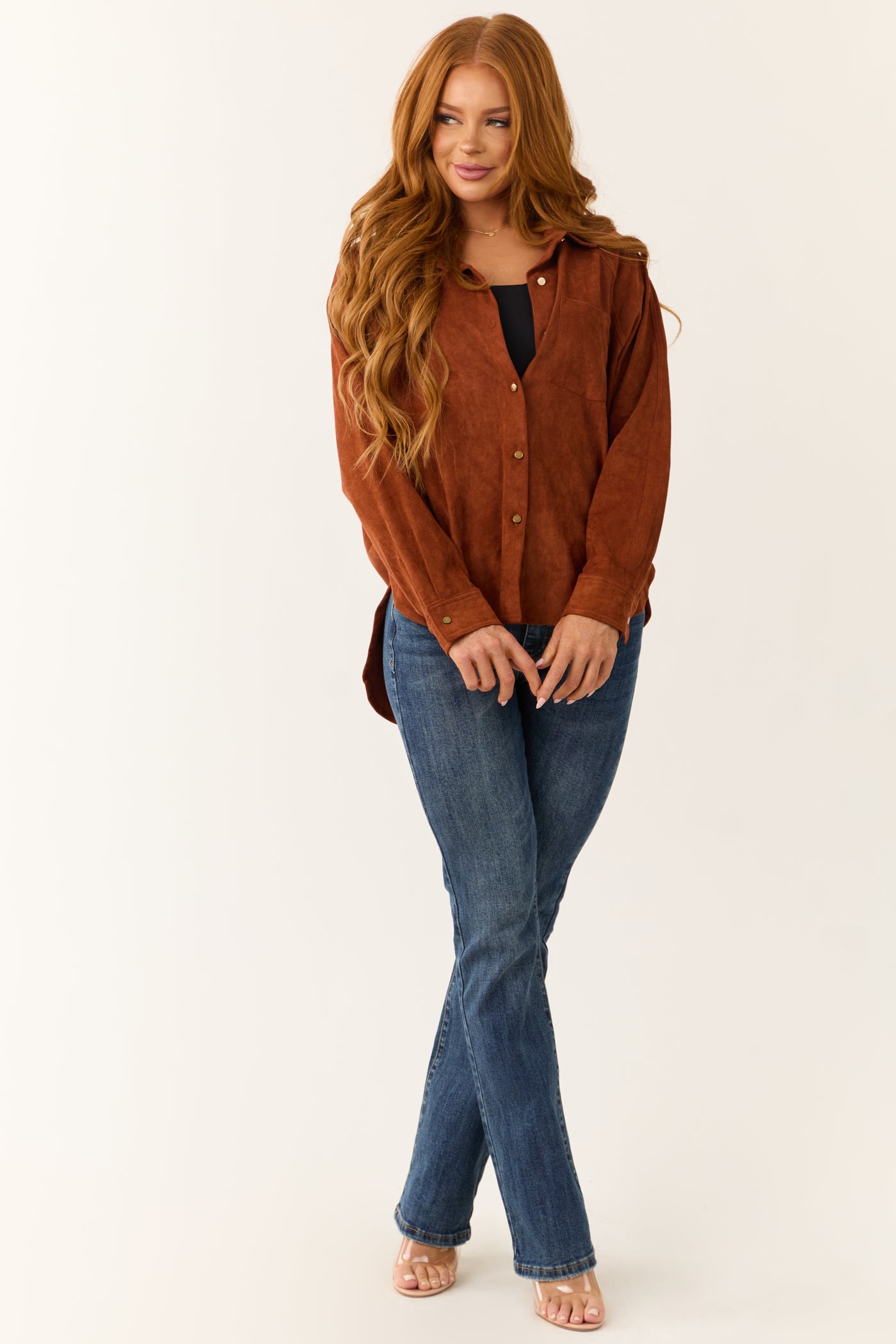 Sienna Faux Suede Button Up Long Sleeve Shirt