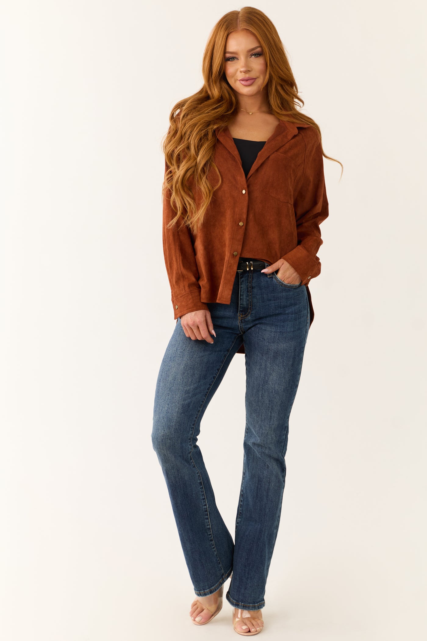 Sienna Faux Suede Button Up Long Sleeve Shirt