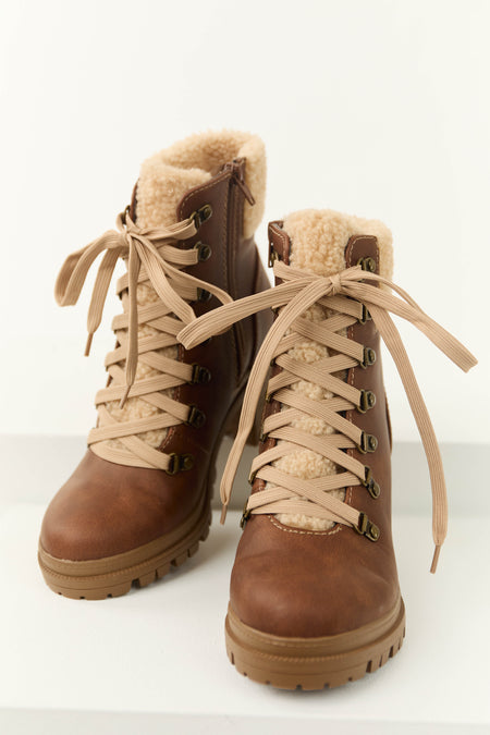 Sienna Lace Up Lug Boots with Faux Fur Detail