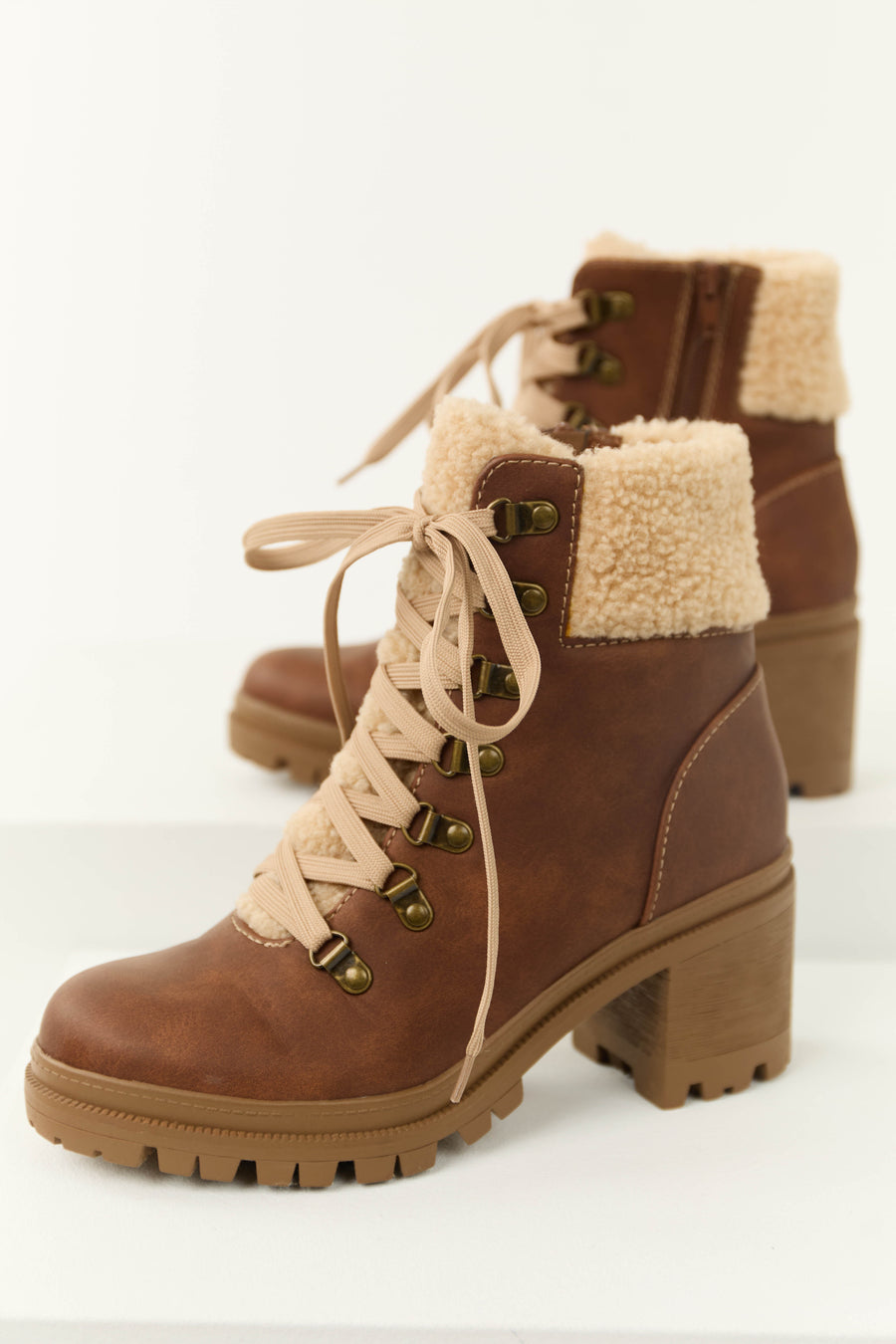 Sienna Lace Up Lug Boots with Faux Fur Detail