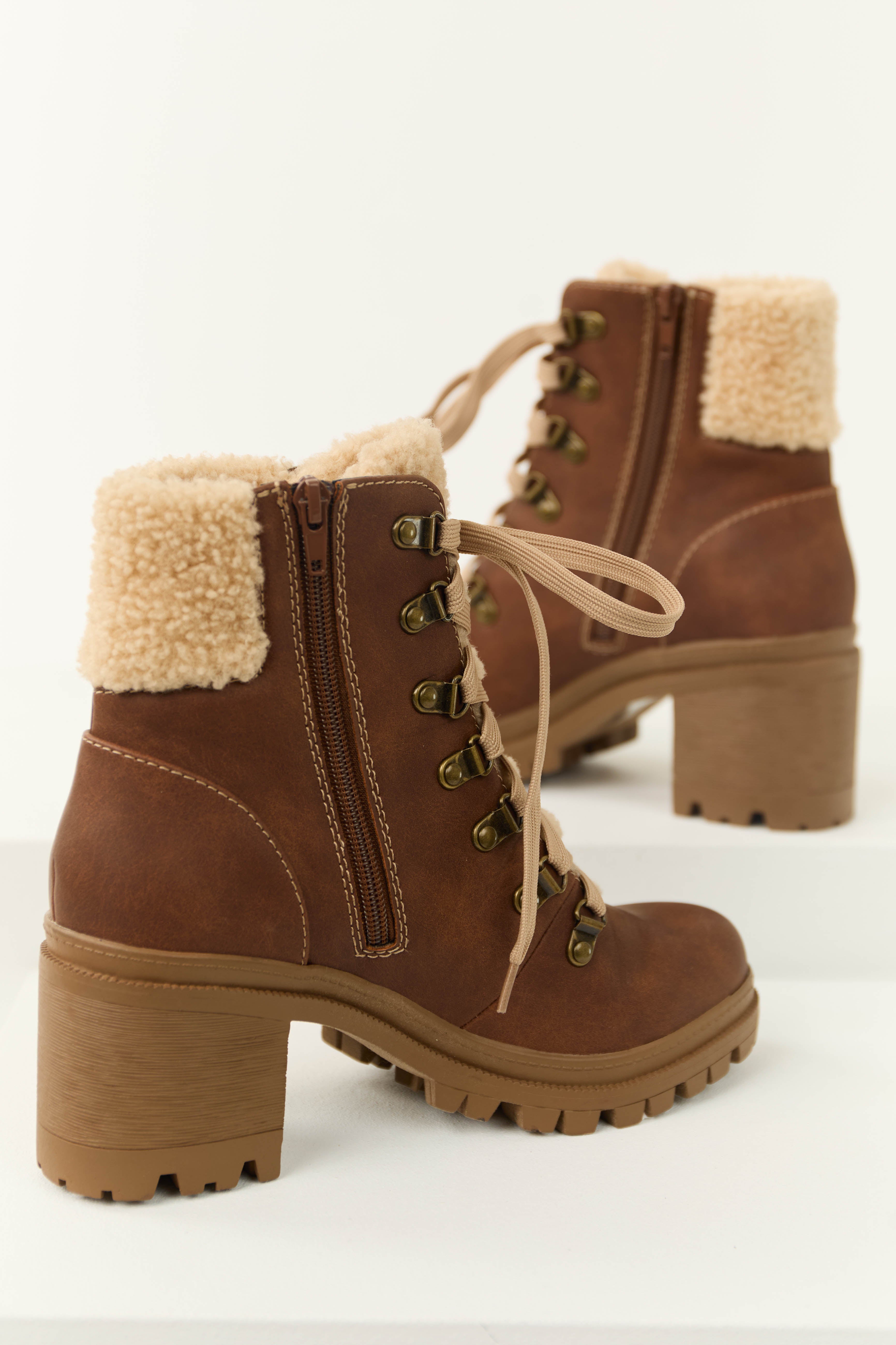 Sienna Lace Up Lug Boots with Faux Fur Detail