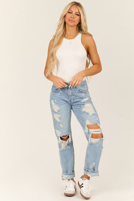 Signature 8 Medium Wash Distressed Loose Dad Jeans