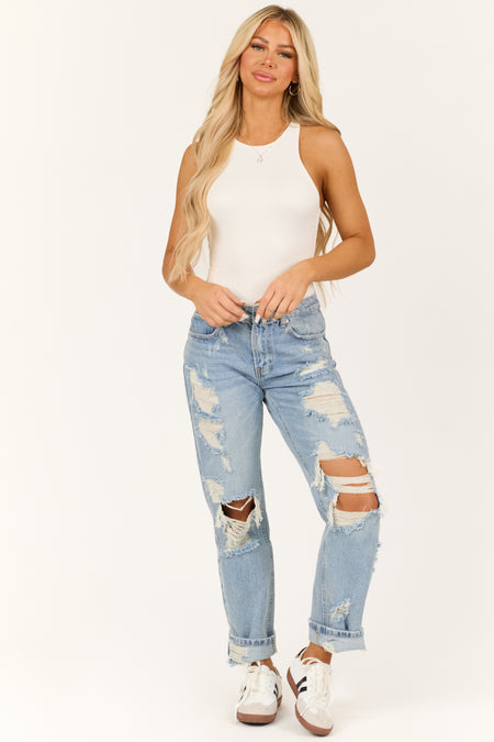 Signature 8 Medium Wash Distressed Loose Dad Jeans