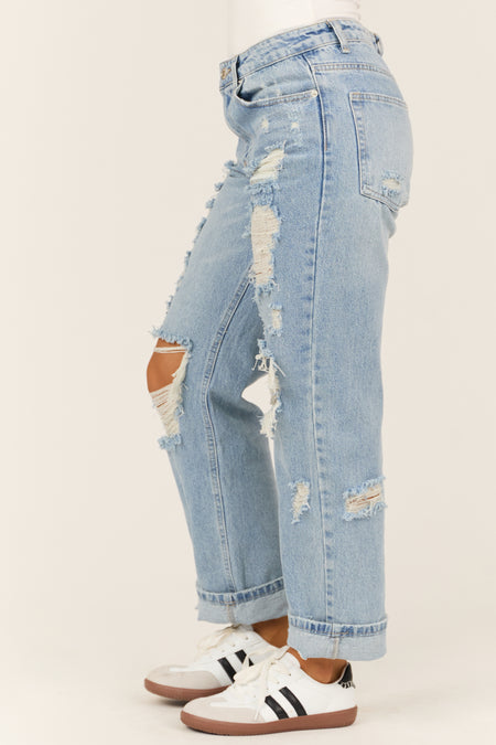 Signature 8 Medium Wash Distressed Loose Dad Jeans