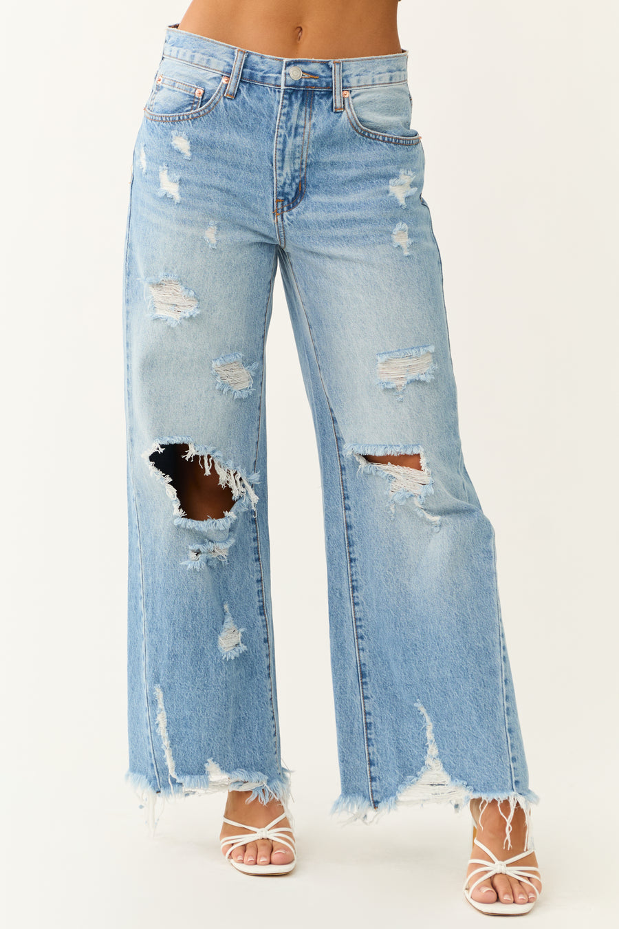 Signature8 Medium Wash Distressed Wide Leg Jeans