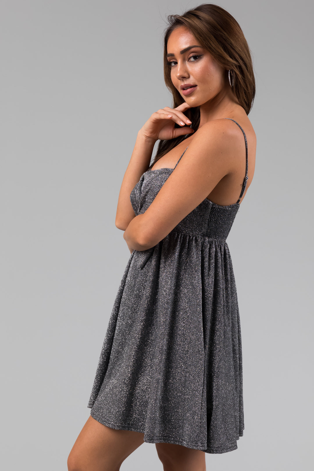 Silver Glitter Sleeveless Front Bow Mini Dress