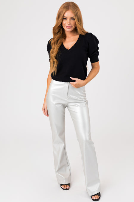 Silver High Waisted Faux Leather Flare Pants