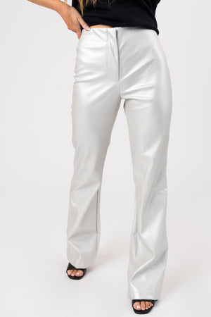 Silver High Waisted Faux Leather Flare Pants