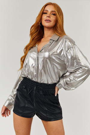 Silver Metallic Button Down Collared Blouse