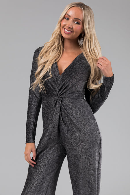 Silver Metallic Long Sleeve V Neck Jumpsuit