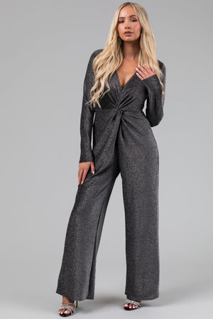 Silver Metallic Long Sleeve V Neck Jumpsuit